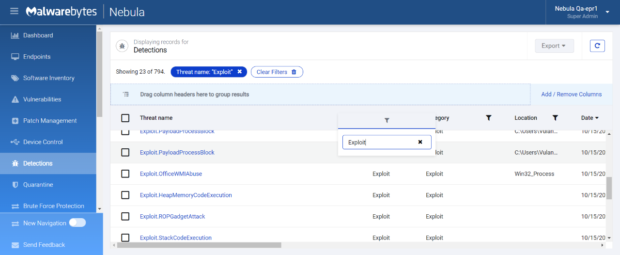 list of Exploit detections in Nebula