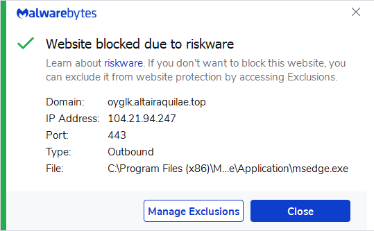 Malwarebytes Premium blocks the subdomain oyglk.altairaquilae.top