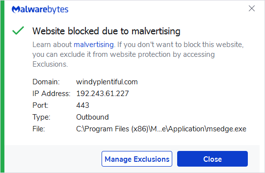 Malwarebytes Premium blocks the domain windyplentiful.com