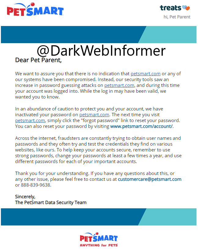 DarkWebInformer tarafından sağlanan PetSmart bildirim postası