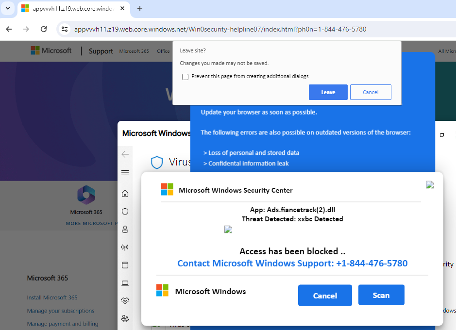 Typical Fake Microsoft alert page with popups, prompts all telling the visitor to call 1-844-476-5780 tech support scammers