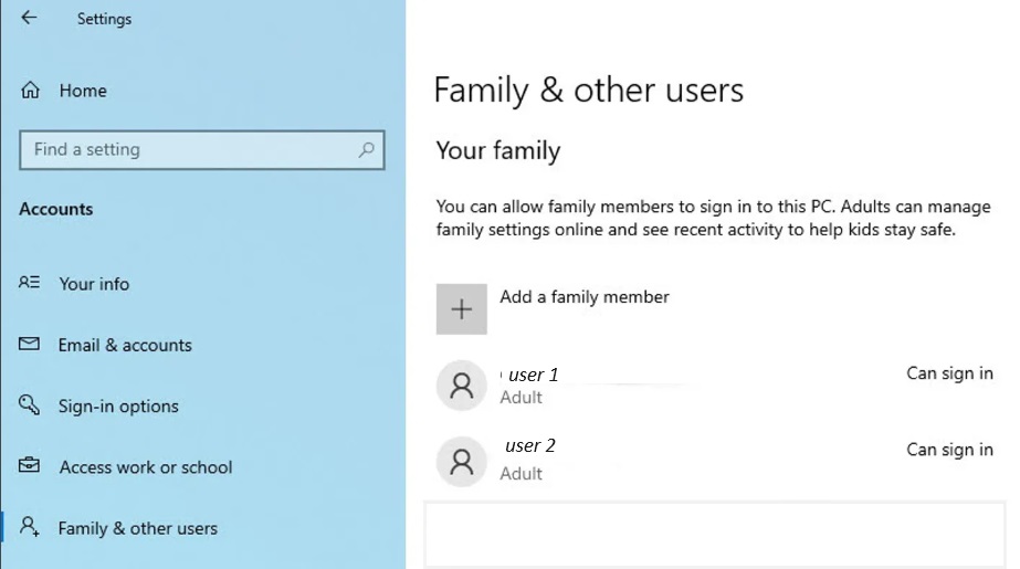 Windows Ailesi ve diğer kullanıcılar menüsü