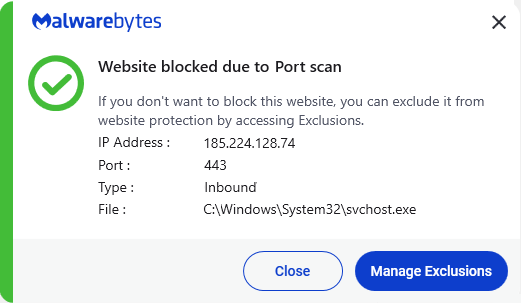 Malwarebytes blocks 185.224.128.74