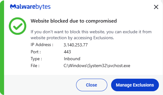 Malwarebytes blocks 3.140.253.77