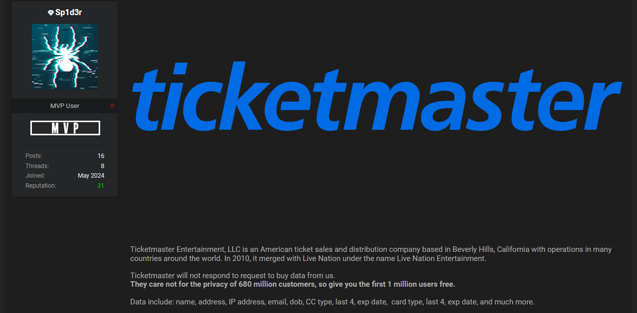 post giving away 1 million Ticketmaster data records