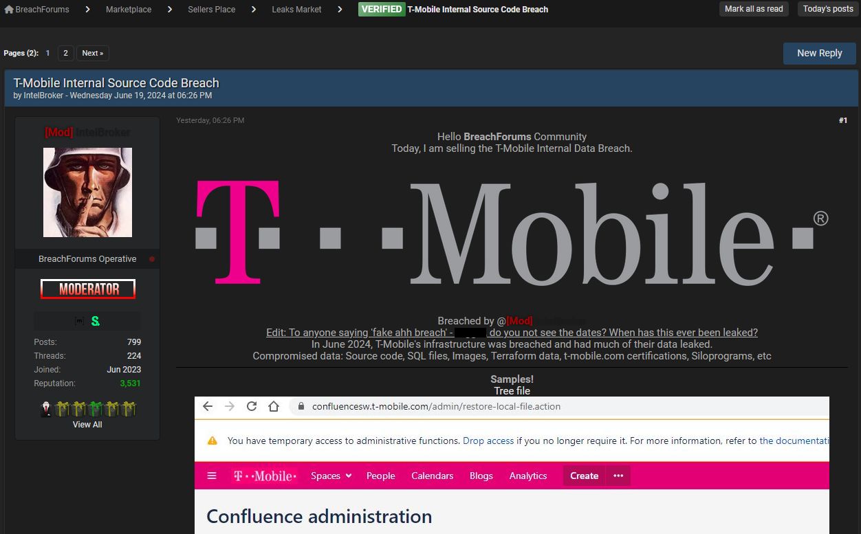 post offereing data for sale supposedly from a T-Mobile internal breach
