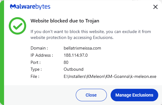 Malwarebytes blocks bellatrixmeissa.com