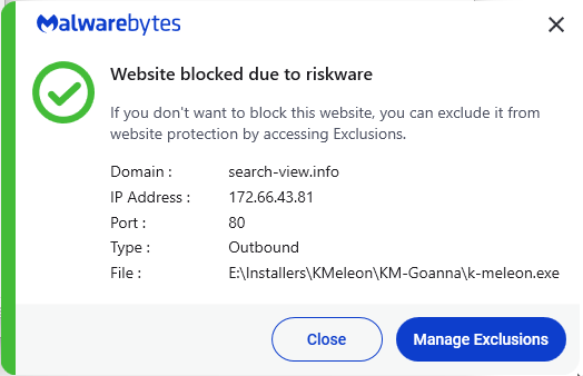 Malwarebytes blocks search-view.info