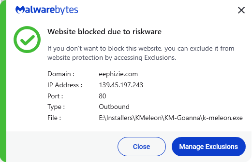 Malwarebytes blocks eephizie.com