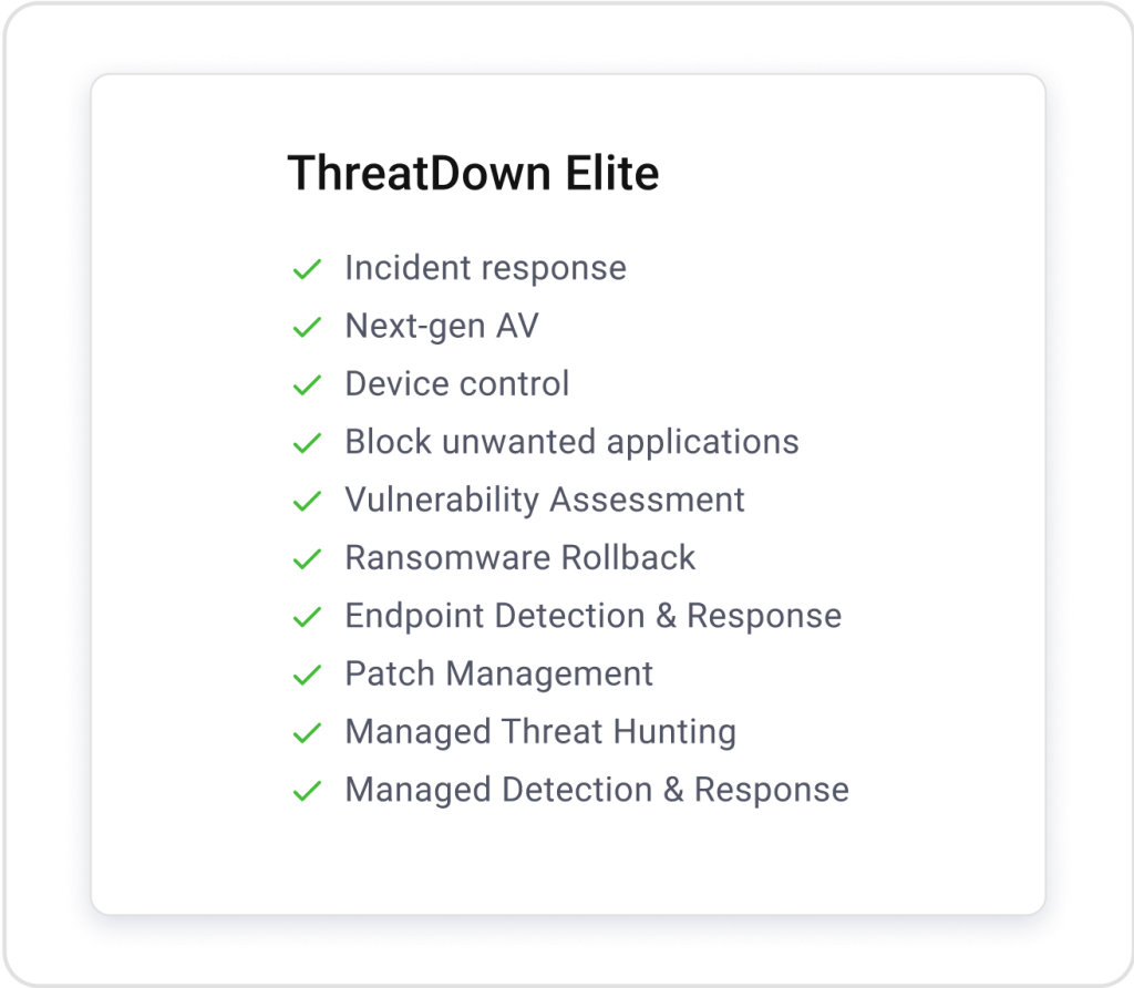 White Square with a transparent border. The interior lists features of Threat Down Elite. Incident responds. Next Gen A V. Device Control. Block unwanted applications. and more.