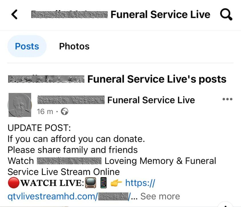 Facebook comment promoting a live funeral service