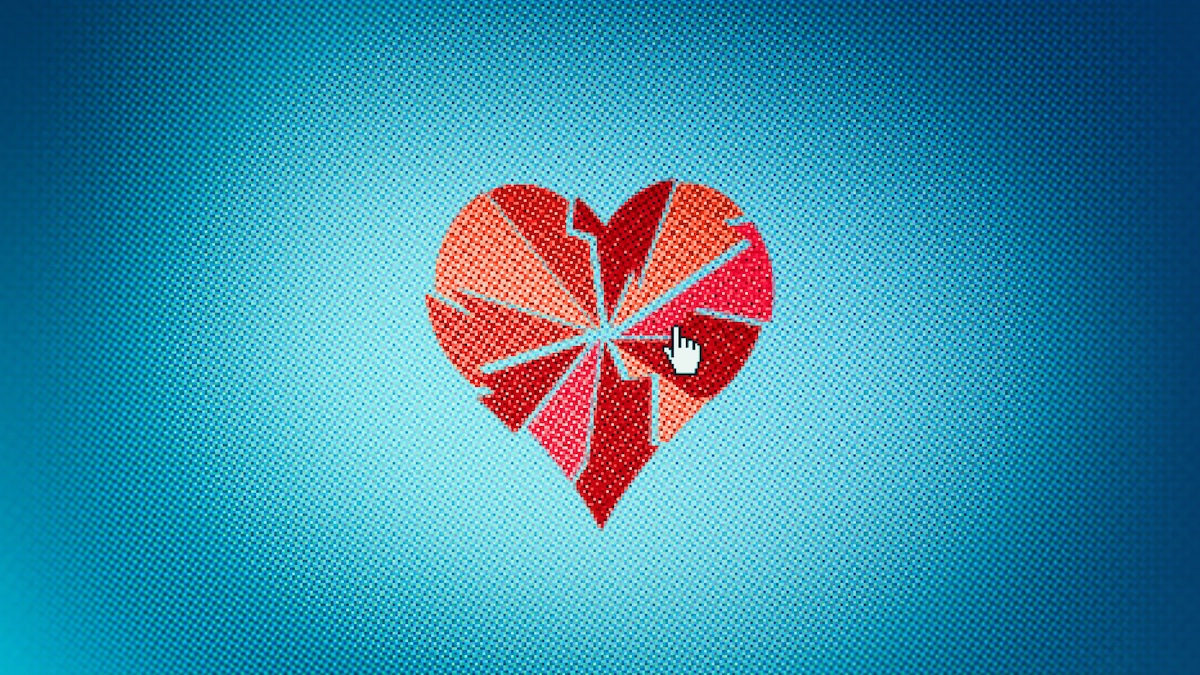 An illustration of a heart is cracked and shattered on a pixelated screen.