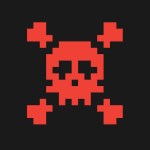 A red skull and bones is shown against a black background.