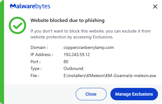 Malwarebytes blocks coppercranberrylamp.com