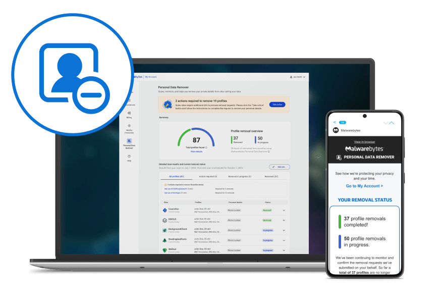 White and blue icon for the Malwarebytes Personal Data Remover next to a laptop and smart phone that are both displaying the Personal Data Remover dashboard and alerts