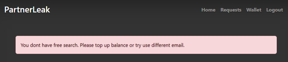 You don’t have free search. Please top up balance or try use different email.