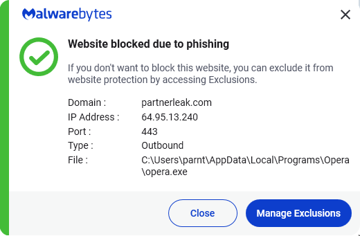 Malwarebytes partnerleak'i engelliyor[.]com