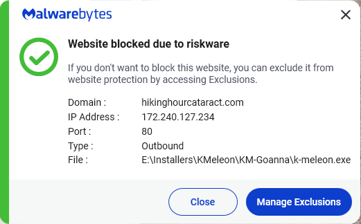 Malwarebytes blocks hikinghourcataract.com