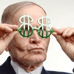 An older man holding dollar sign glasses up to his eyes.