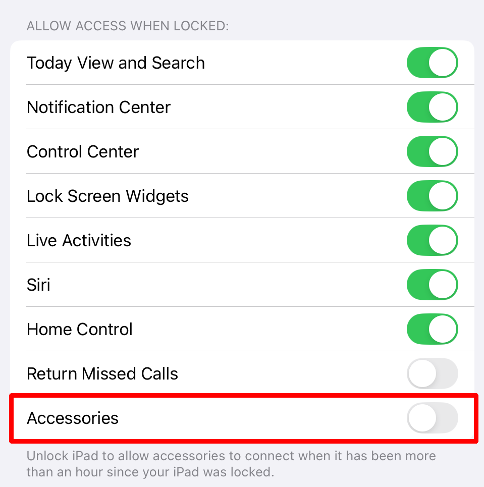 Allow access when locked with accessories disabled